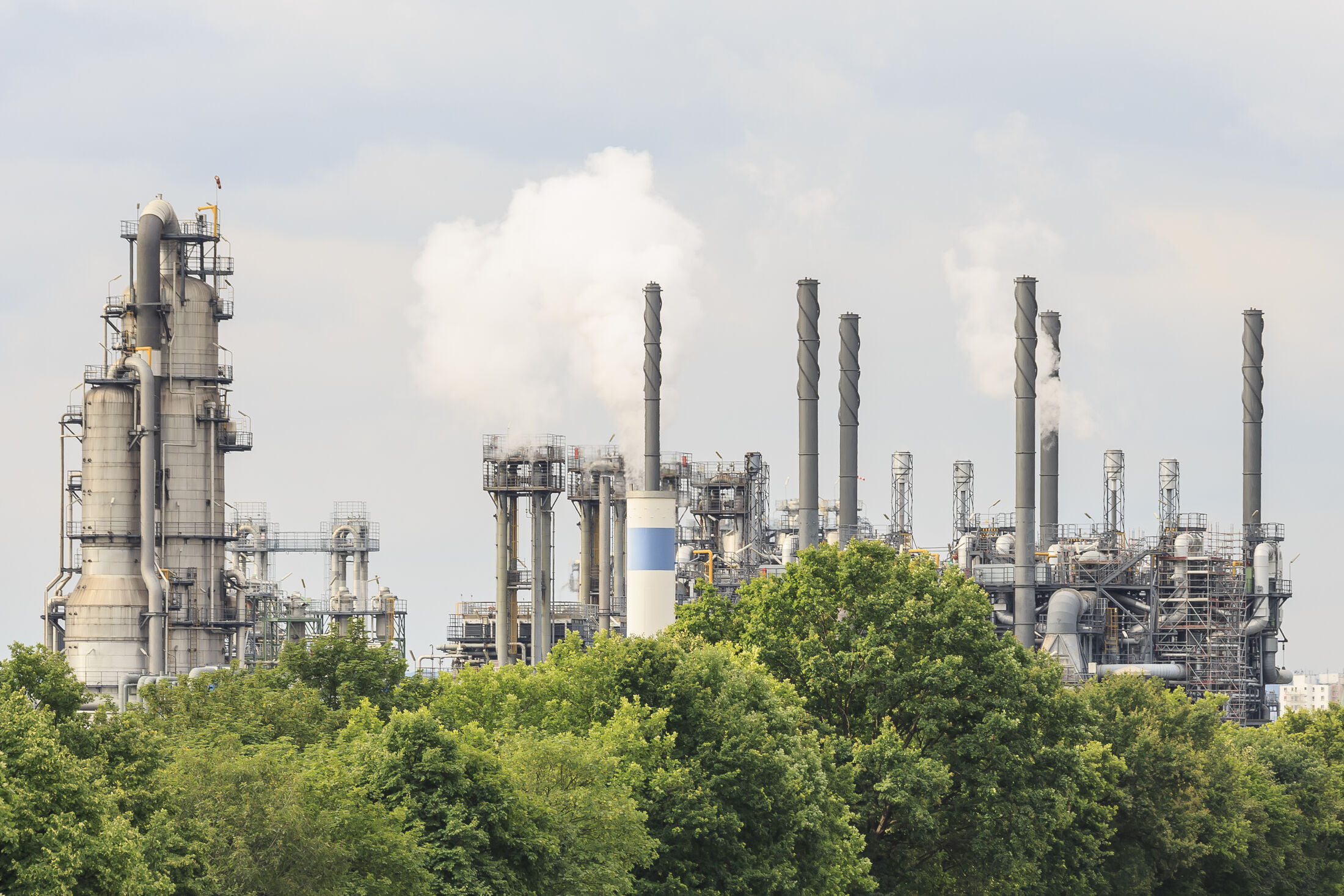 Petrochemical refinery columns above a line of trees in Germany